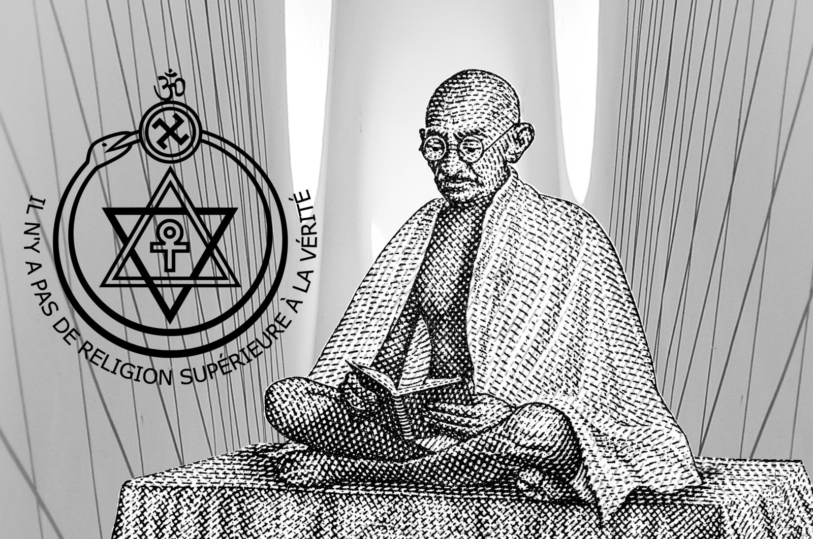 An illustration shows Mahatma Gandhi while reading a book with a seal of the Theosophical Society on the left side. (Edited By Büşra Öztürk)