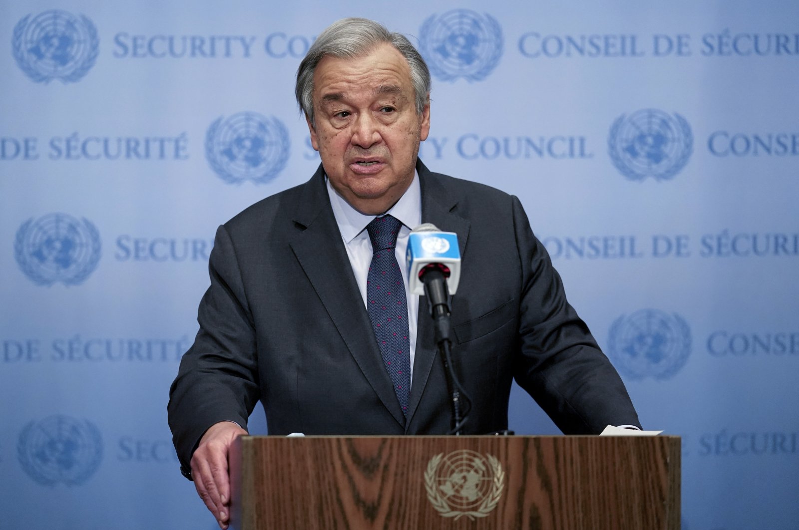 U.N. Secretary-General Antonio Guterres speaks to members of the media outside the Security Council chamber at the United Nations in New York, U.S., Feb. 22, 2022. (AP Photo)