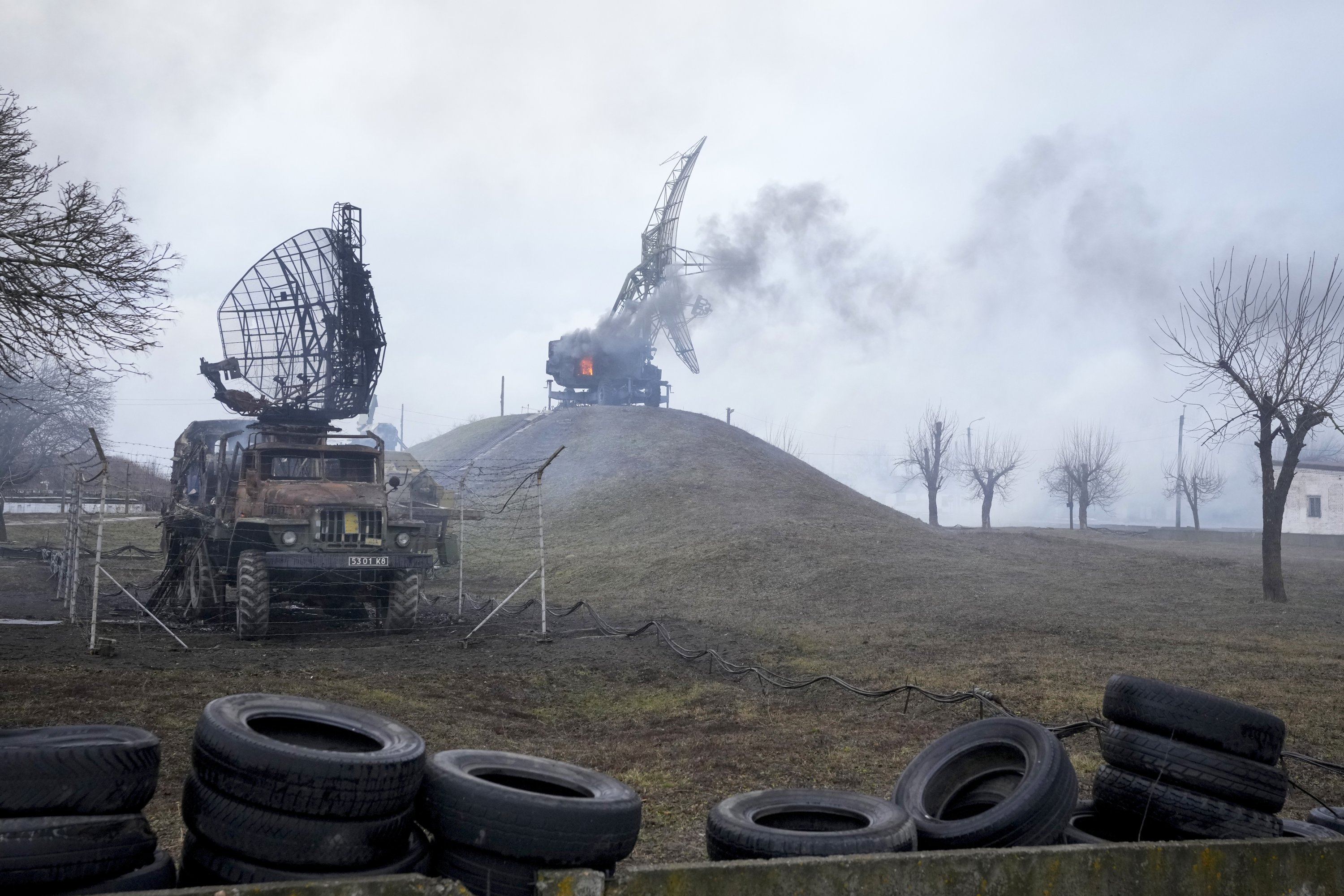 Damaged radar arrays and other equipment are seen at a Ukrainian military facility outside Mariupol, Ukraine, Feb. 24, 2022. (AP Photo)