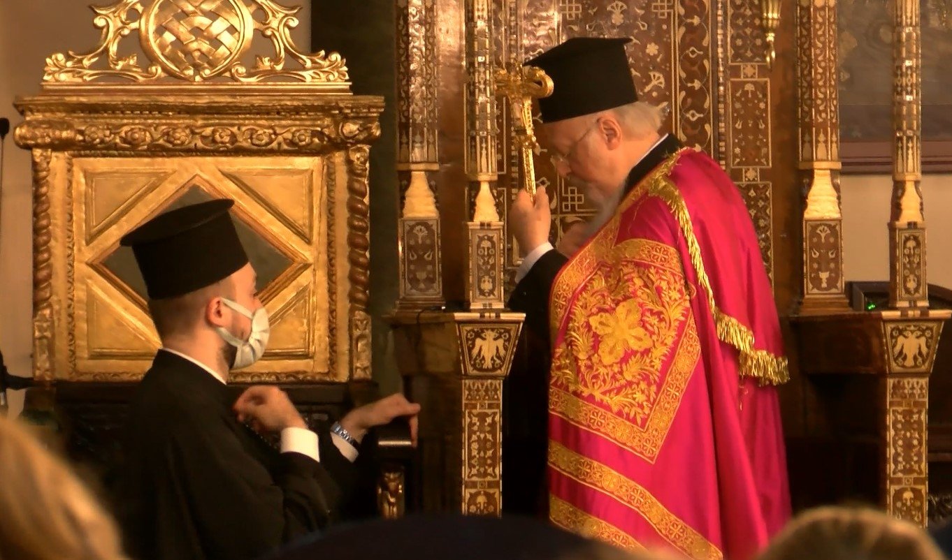 Patriarch Bartholomew I prays during a service at Istanbul&#039;s Fener Greek Patriarchate on Feb. 14, 2022. (DHA Photo)