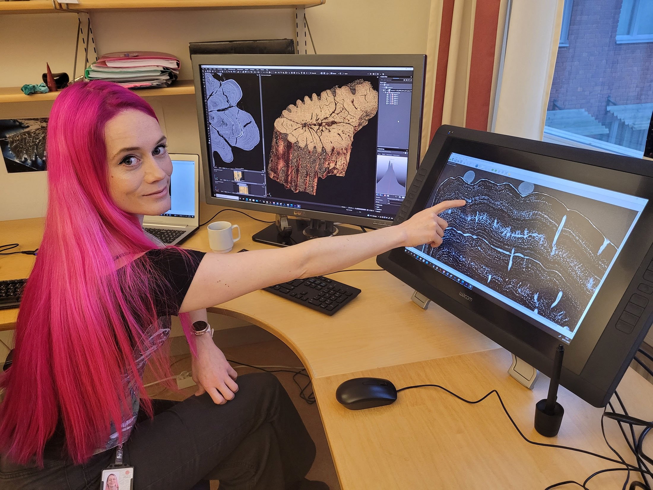 Melanie During, a doctoral student in paleontology, points at an image of a Cretaceous Period paddlefish fossil that bears evidence of the aftermath of the Yucatan asteroid impact, at Uppsala University, in Uppsala, Sweden, Feb. 17, 2022. (Dennis Voeten via Reuters)