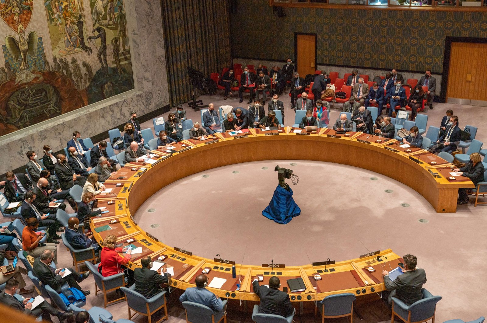 The United Nations Security Council gathers for an emergency meeting at the request of Ukraine over the threat of a full-scale invasion by Russia, New York City, U.S., Feb. 23, 2022.  (AFP Photo)