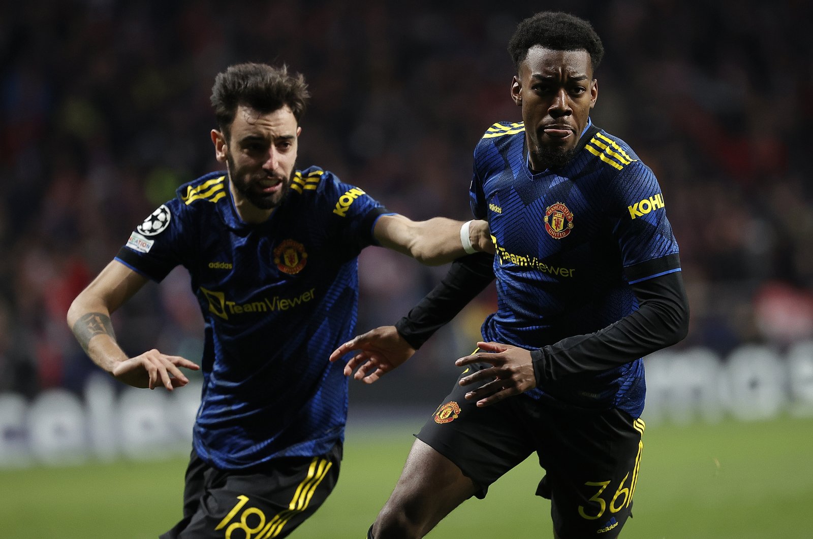 Manchester United&#039;s Anthony Elanga (R) celebrates with teammate Bruno Fernandes after scoring in a Champions League game against Atletico Madrid, Madrid, Spain, Feb. 23, 2022. (AA Photo)