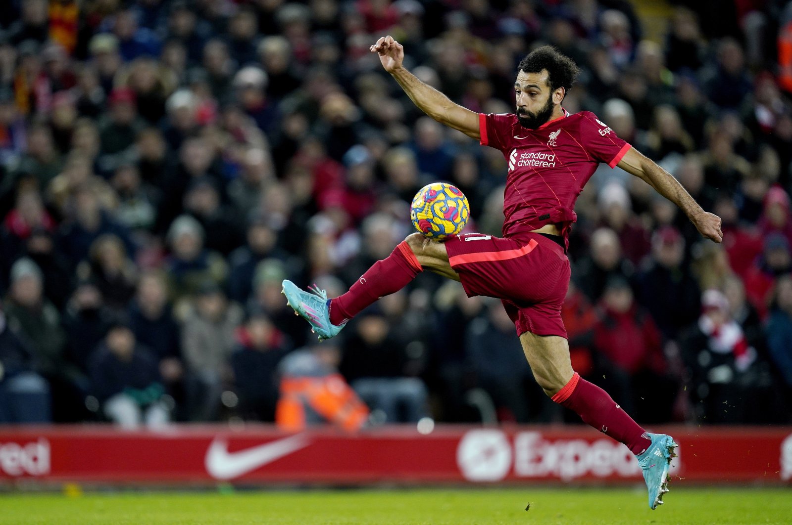 Liverpool&#039;s Mohamed Salah in action during a Premier League match against Leeds, Liverpool, England, Feb. 23, 2022. (EPA Photo)