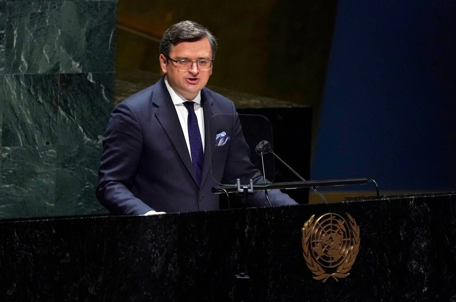 Ukrainian Foreign Minister Dmytro Kuleba speaks at the General Assembly 58th plenary meeting in New York on Feb. 23, 2022, on the Russia-Ukraine conflict. (AFP Photo)