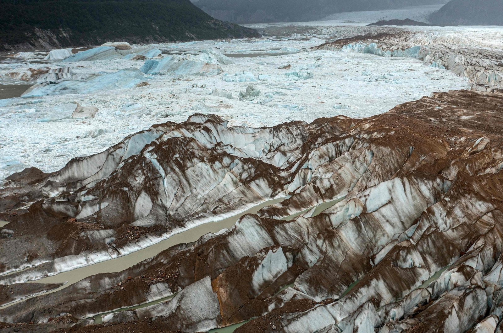 Aerial view of a glacier on the edge of Campos de Hielo Norte, in the region of Aysen, southern Chile, Feb. 14, 2022. (AFP Photo)
