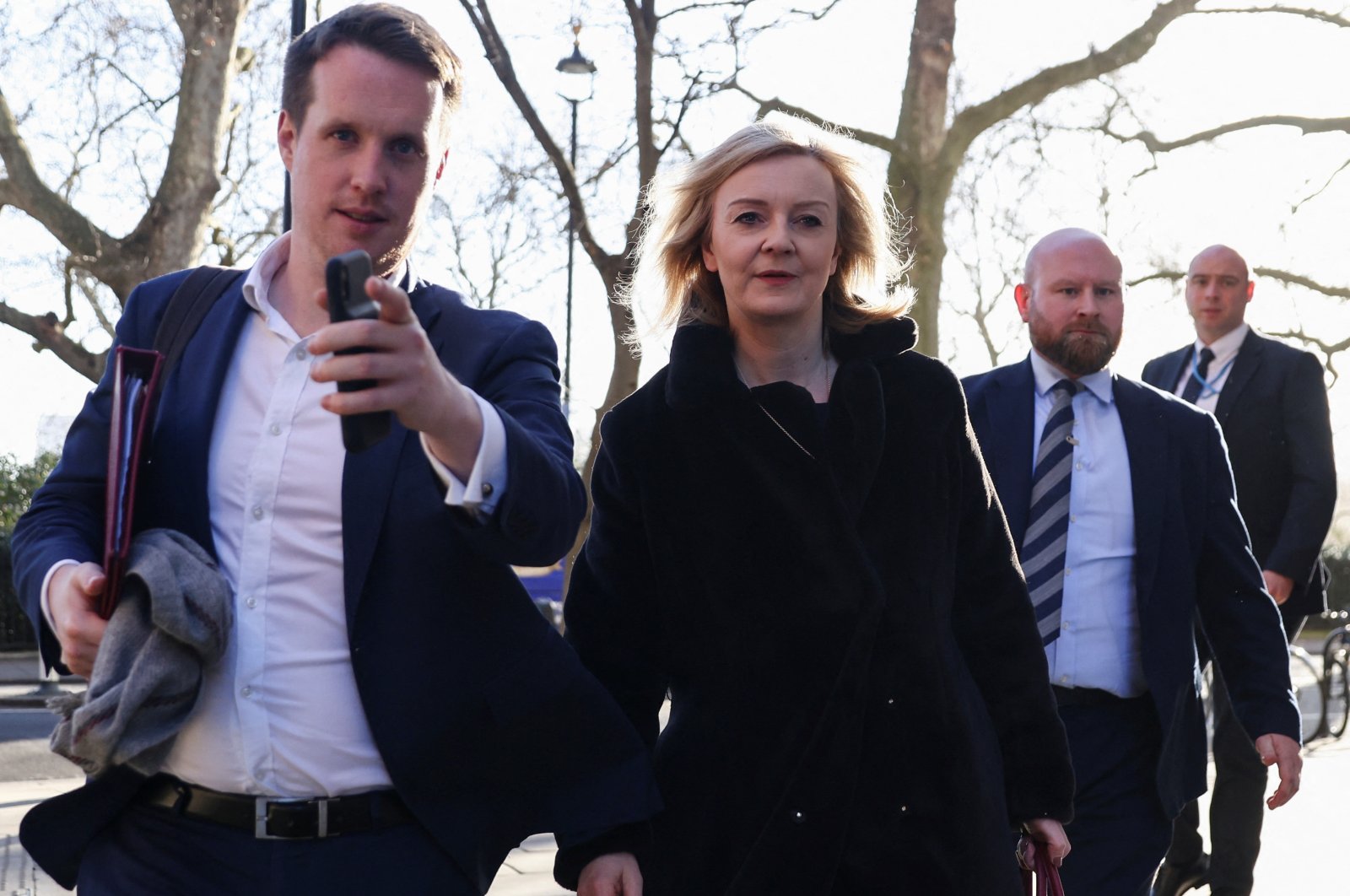 British Foreign Secretary Liz Truss leaves after an interview in Westminster, London, Britain, Feb. 23, 2022. (REUTERS)