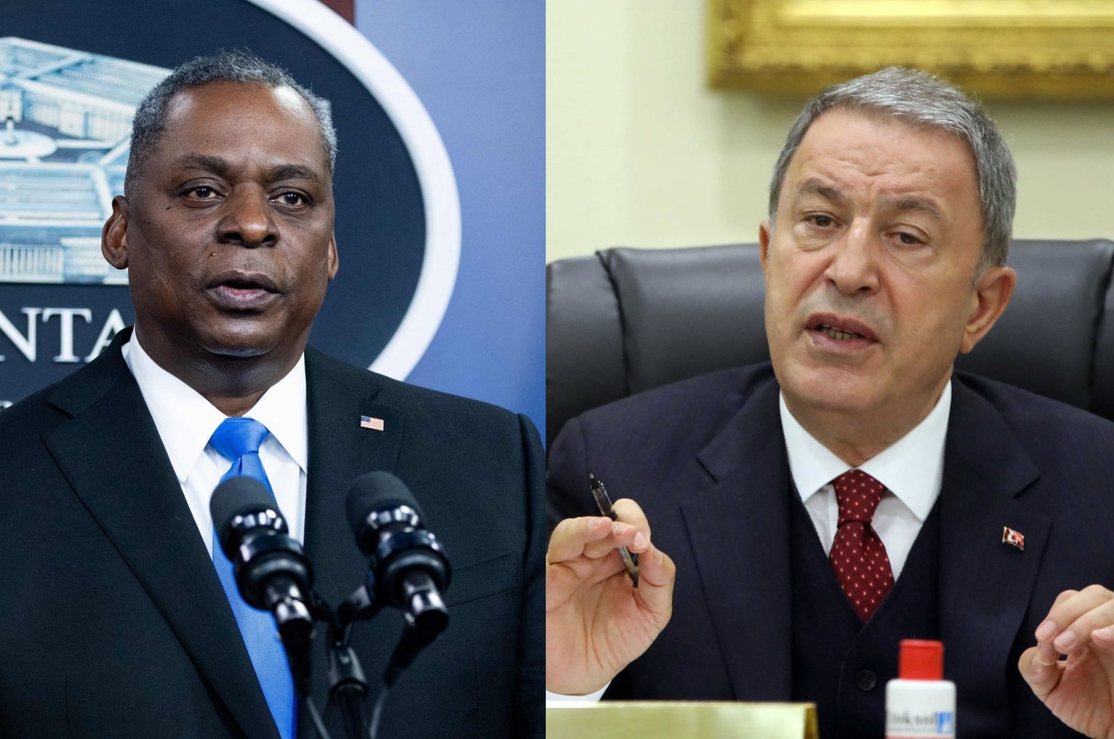 This photo combination shows U.S. Secretary of Defense Lloyd Austin (L) at the Pentagon, Virginia, U.S., on Feb. 10, 2021, and Minister of National Defense Hulusi Akar at the Defense Ministry, Ankara, Turkey, on May 29, 2020. (Photos by AFP, AA, File)
