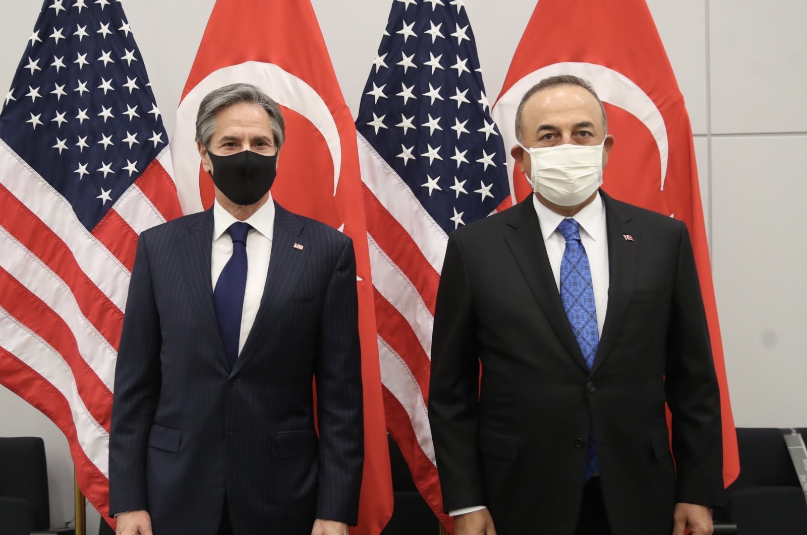 Foreign Minister Mevlüt Çavuşoğlu (R) and his U.S. counterpart Anthony Blinken pose for a photo during a NATO summit in Brussels, Belgium, Mar. 21, 2021. (AA File Photo)