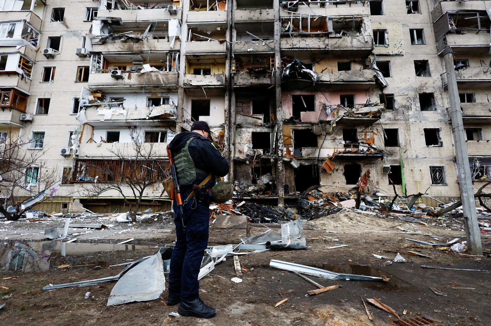 A residential building damaged after Russia launched a massive military operation in Kyiv, Ukraine, Feb. 25, 2022. (Reuters Photo)