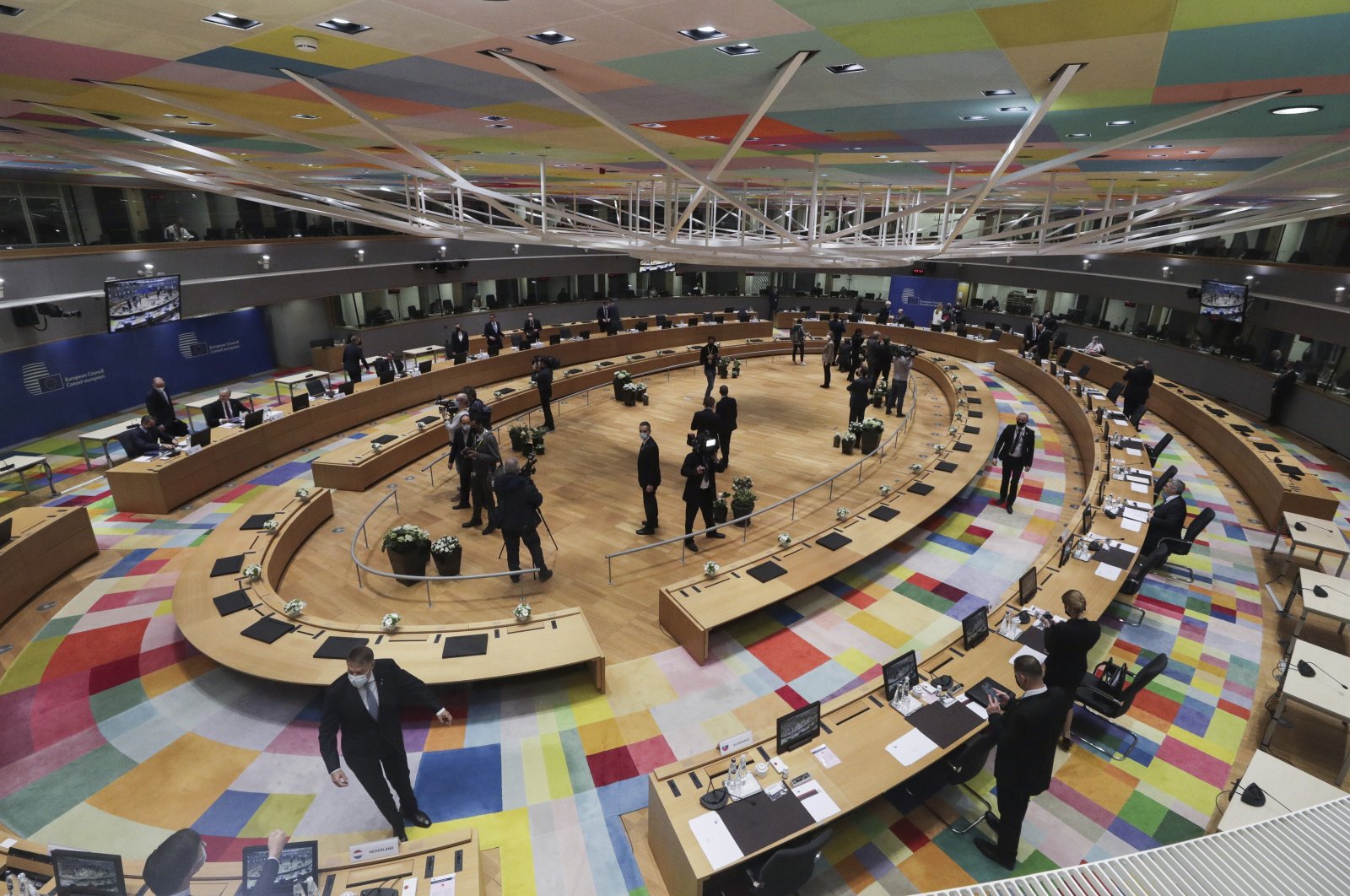 EU leaders gather during a round table meeting at an extraordinary EU summit on Ukraine at the European Council building in Brussels, Belgium, Feb. 24, 2022. (AP Photo)