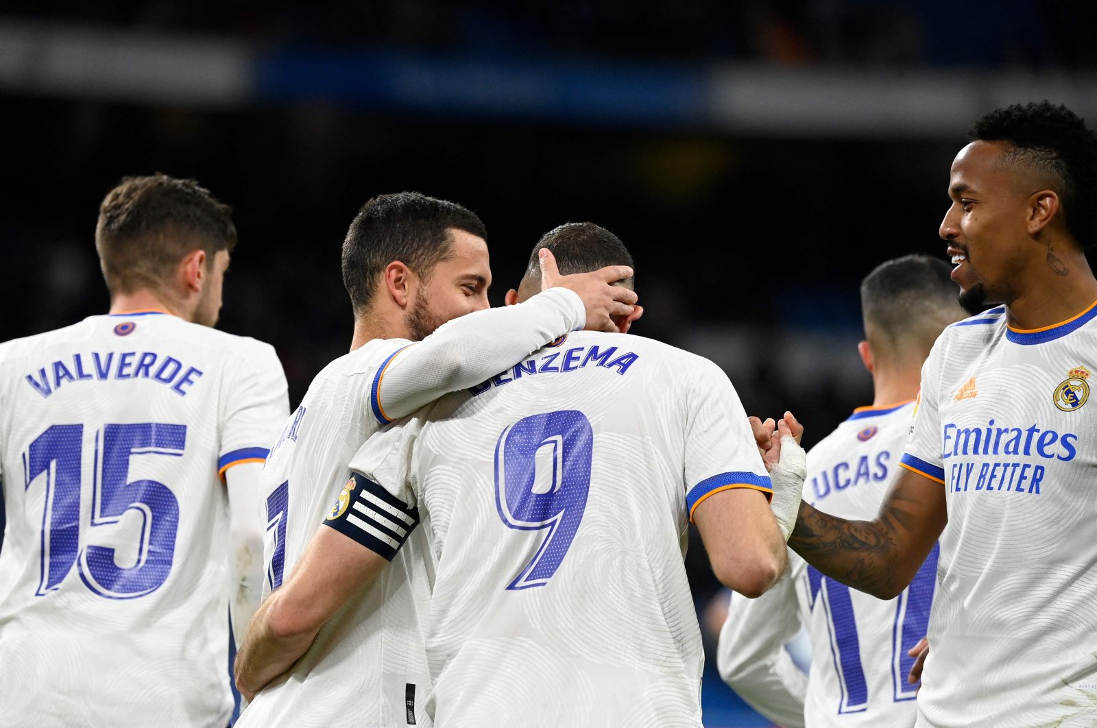 Real Madrid players celebrate a goal during a La Liga match against Deportivo Alaves at the Santiago Bernabeu stadium in Madrid, Spain, Feb. 19, 2022. (AFP Photo)