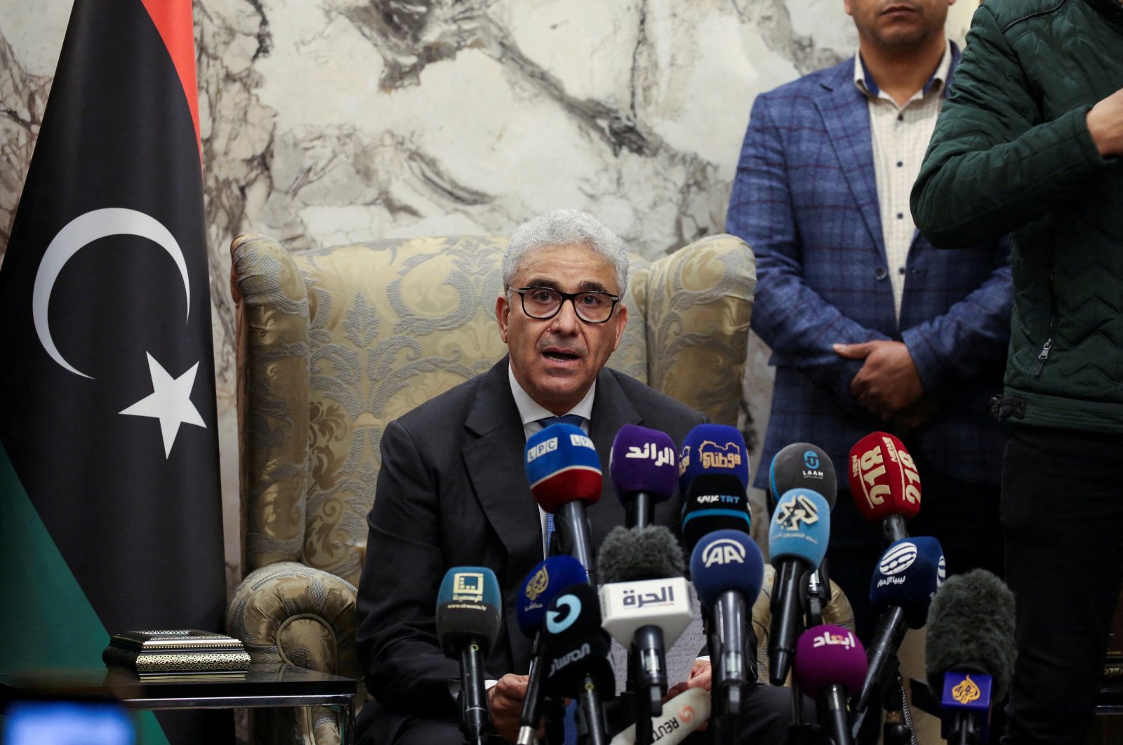 Fathi Bashagha, designated as prime minister by parliament, delivers a speech at Mitiga International Airport, in Tripoli, Libya, Feb. 10, 2022. (Reuters Photo)