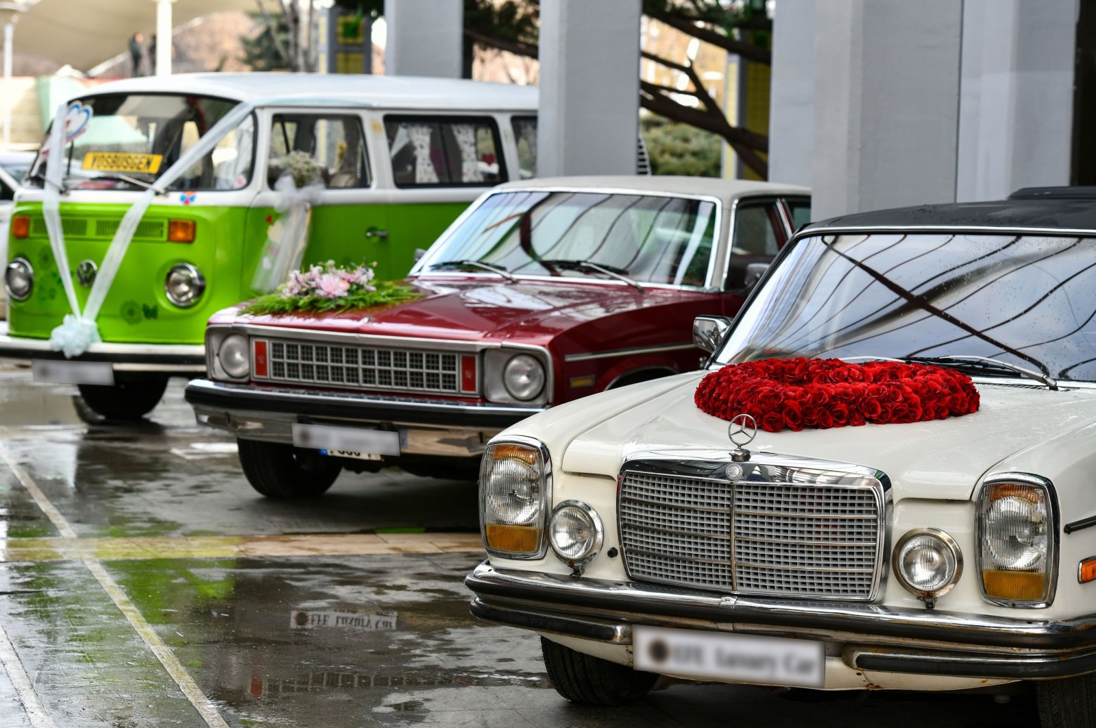 Three cars decorated with flowers for the wedding at a festival organized by Ankara Metropolitan Municipality at ANFA Altınpark Fair and Congress Center, Ankara, Turkey, Feb. 25, 2022. (IHA Photo)