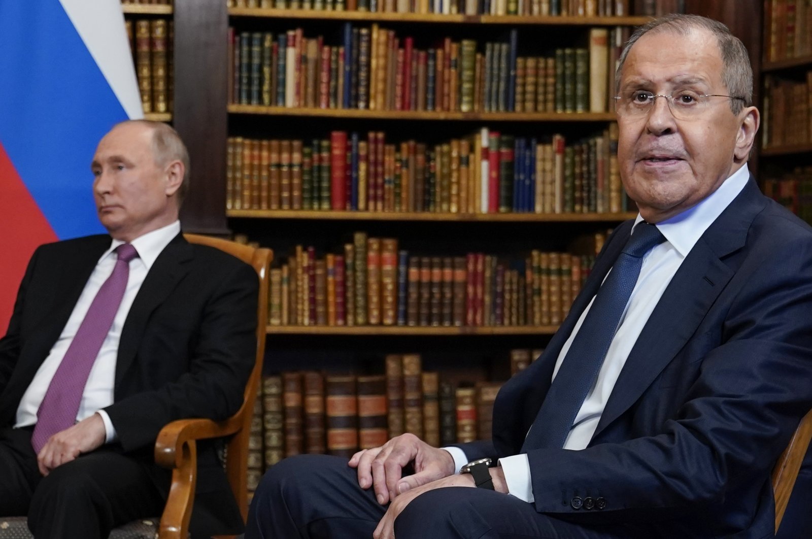 Russian President Vladimir Putin and Russian Foreign Minister Sergei Lavrov, as they meet with President Joe Biden, June 16, 2021, in Geneva, Switzerland. (AP Photo)