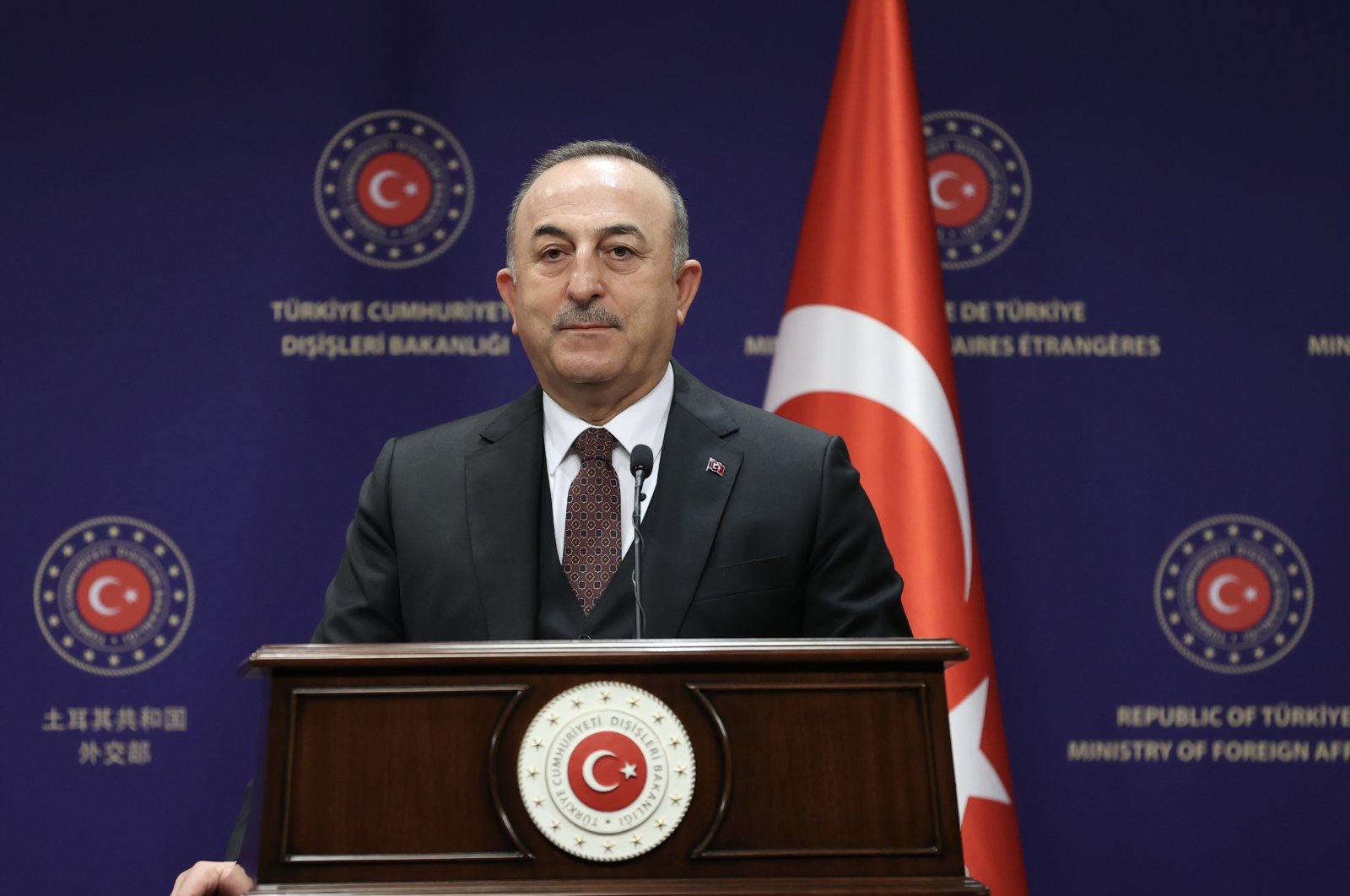 Foreign Minister Mevlüt Çavuşoğlu speaking at a press conference with his Finnish counterpart in Ankara, Turkey, Feb. 11, 2022 (AA Photo) 