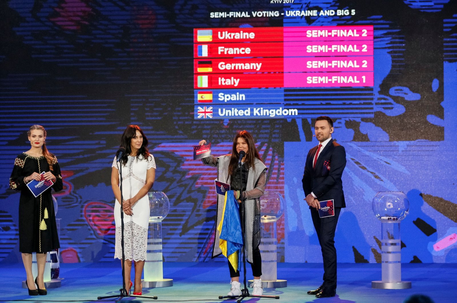 Crimean Tatar singer Susana Jamaladinova (2nd L), known as Jamala, and Ukrainian singer Ruslana Lyzhychko (2nd R) attend the draw for the semi-finals of the 2017 Eurovision Song Contest in Kiev, Ukraine Jan. 31, 2017. (Reuters File Photo)