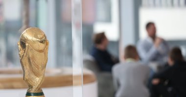 General view of the FIFA World Cup Qatar 2022 Winner's Trophy on display in Warsaw Poland, Feb. 22, 2022. (EPA Photo)