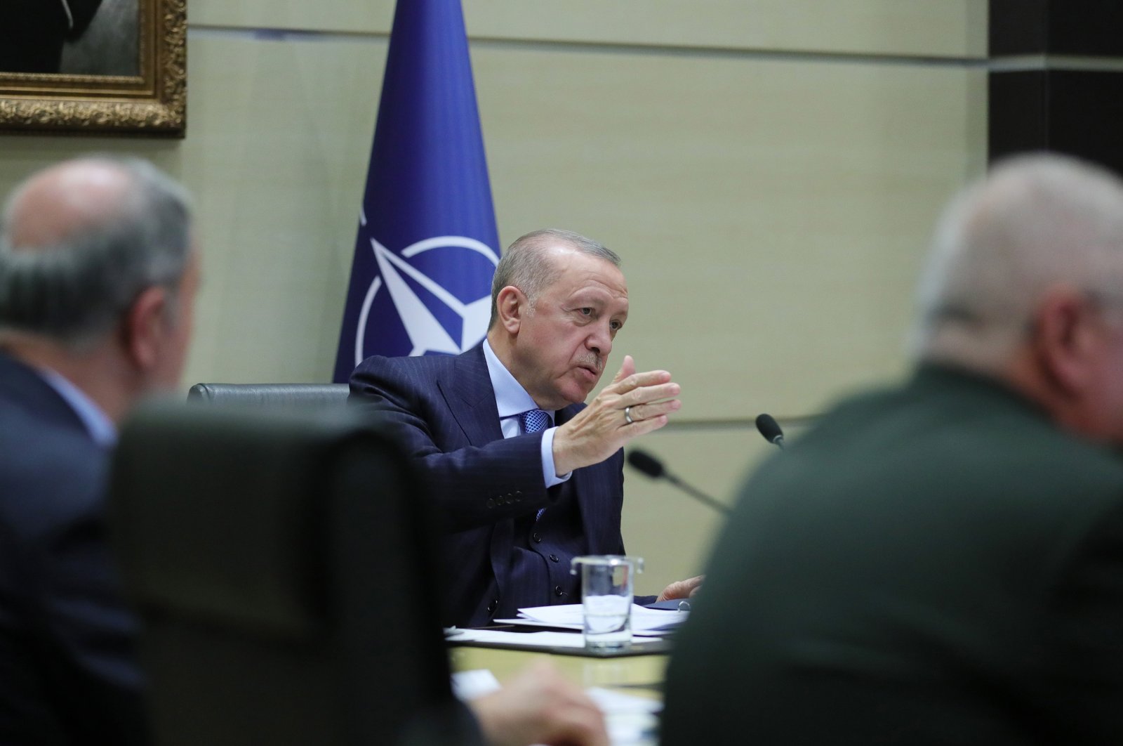 Turkish President Recep Tayyip Erdoğan gives a speech through videoconference in NATO Leaders Summit, Turkey, Feb. 25, 2022. (AA Photo)