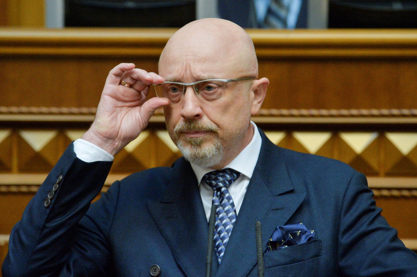 Oleksii Reznikov adjusts his glasses during a session of parliament at which he won approval to become Ukraine&#039;s defense minister, in Kyiv, Ukraine, Nov. 4, 2021. (Reuters Photo)