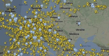 A screenshot made available by Flightradar24.com shows the clear airspace over Ukraine on Feb. 24, 2022. (Flightradar24.com via AP)