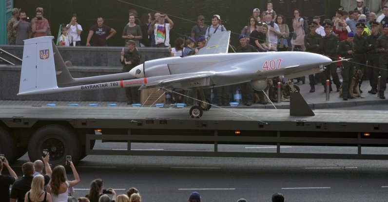 A Turkish-made Bayraktar TB2 drone is seen during a rehearsal of a military parade dedicated to Independence Day, in Kyiv, Ukraine, Aug. 20, 2021. (AP Photo)