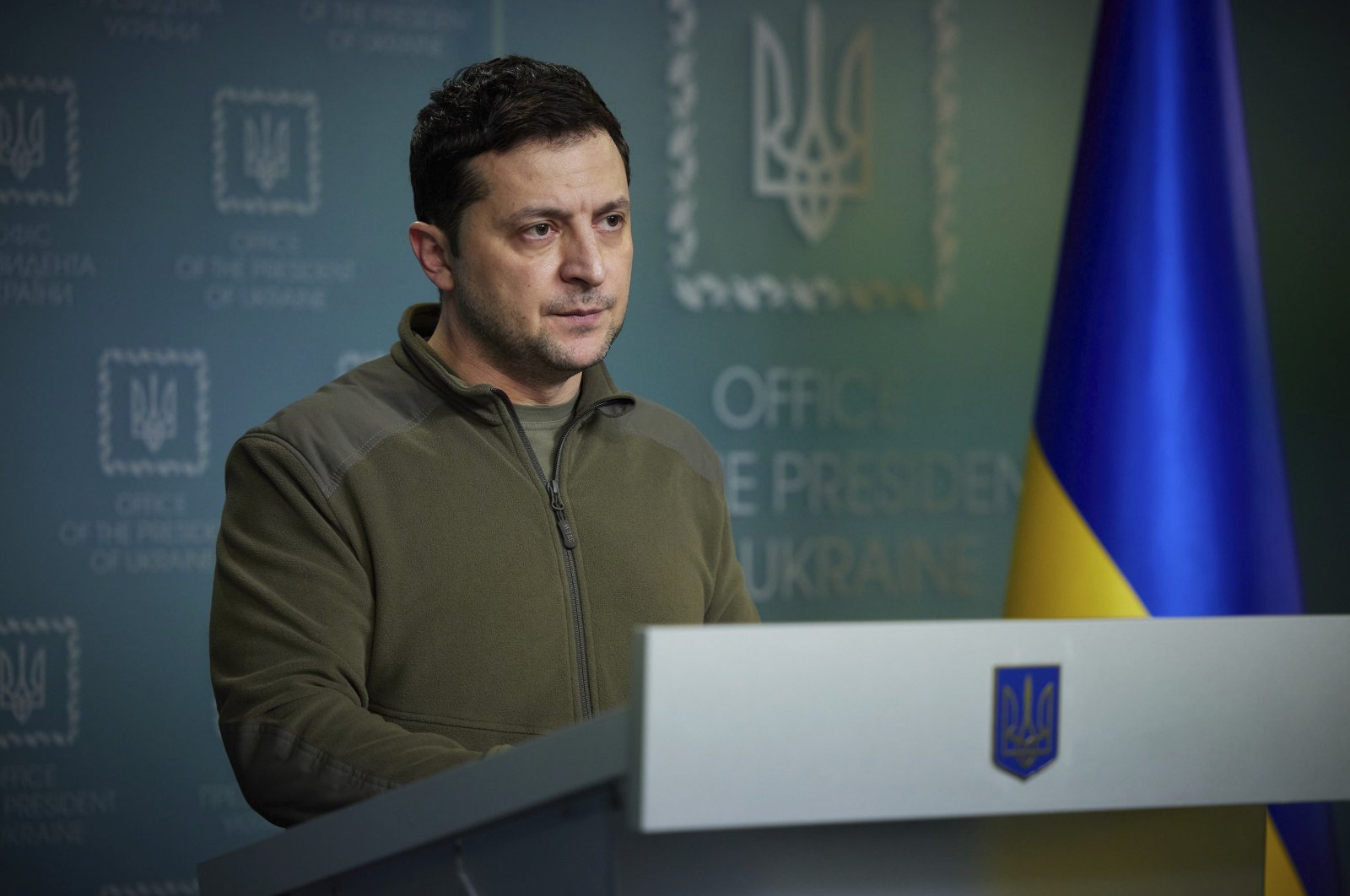 In this photo provided by the Ukrainian Presidential Press Office, Ukrainian President Volodymyr Zelenskyy delivers his speech addressing the nation in Kyiv, Ukraine, Feb. 25, 2022. (AP Photo)