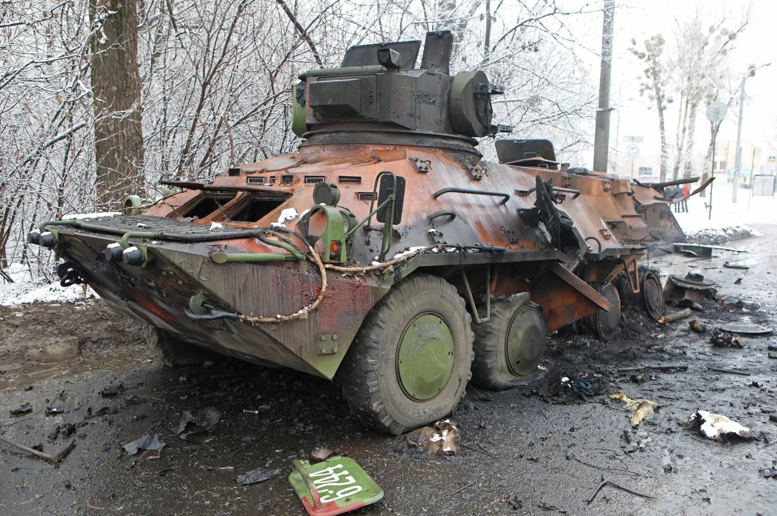 A view shows a destroyed armored personnel carrier (APC) on the roadside in Kharkiv, Ukraine, Feb. 26, 2022. (Reuters Photo)