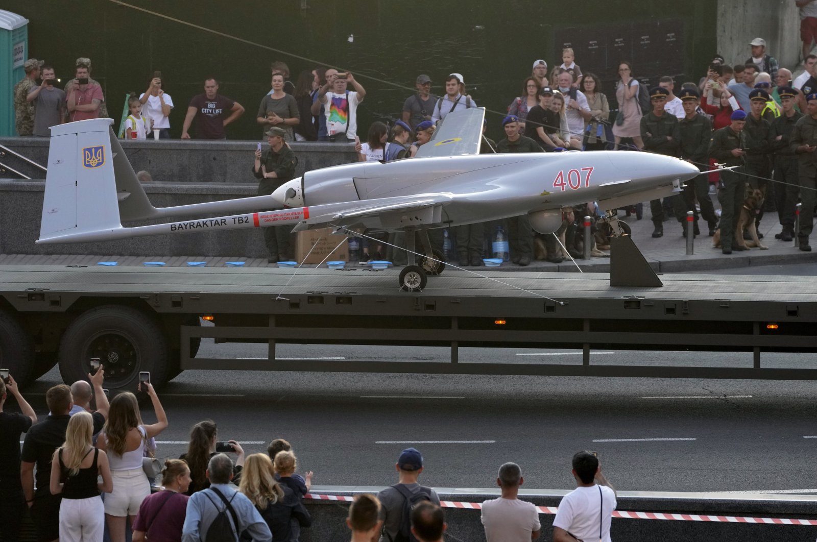 A Turkish-made Bayraktar TB2 drone is seen during a rehearsal of a military parade dedicated to Independence Day, in Kyiv, Ukraine, Aug. 20, 2021. (AP Photo)