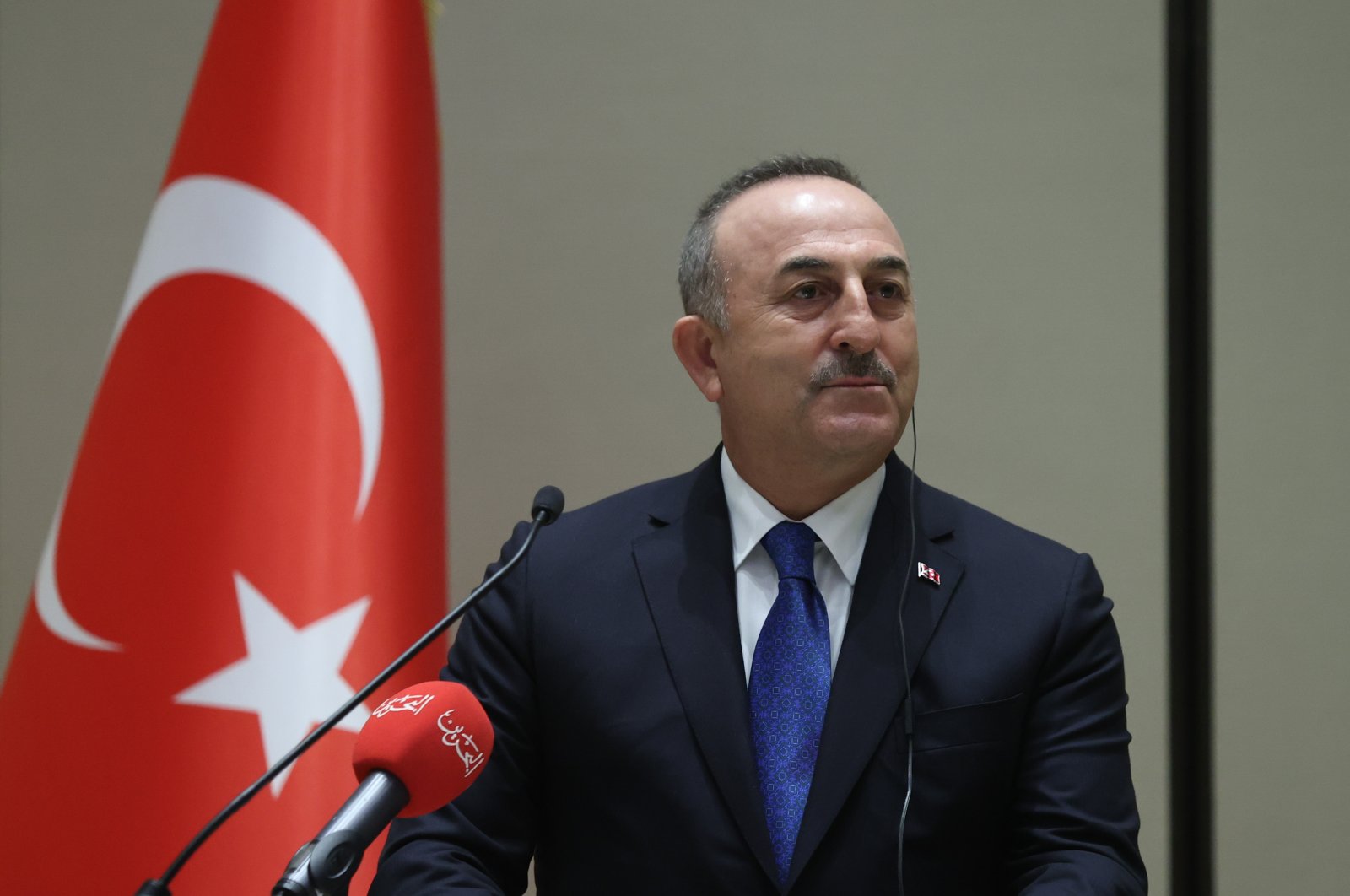 Foreign Minister Mevlüt Çavuşoğlu speaks in a joint news conference with Bahraini counterpart in Manama, Bahrain, Jan. 31, 2022. (AA File Photo) 