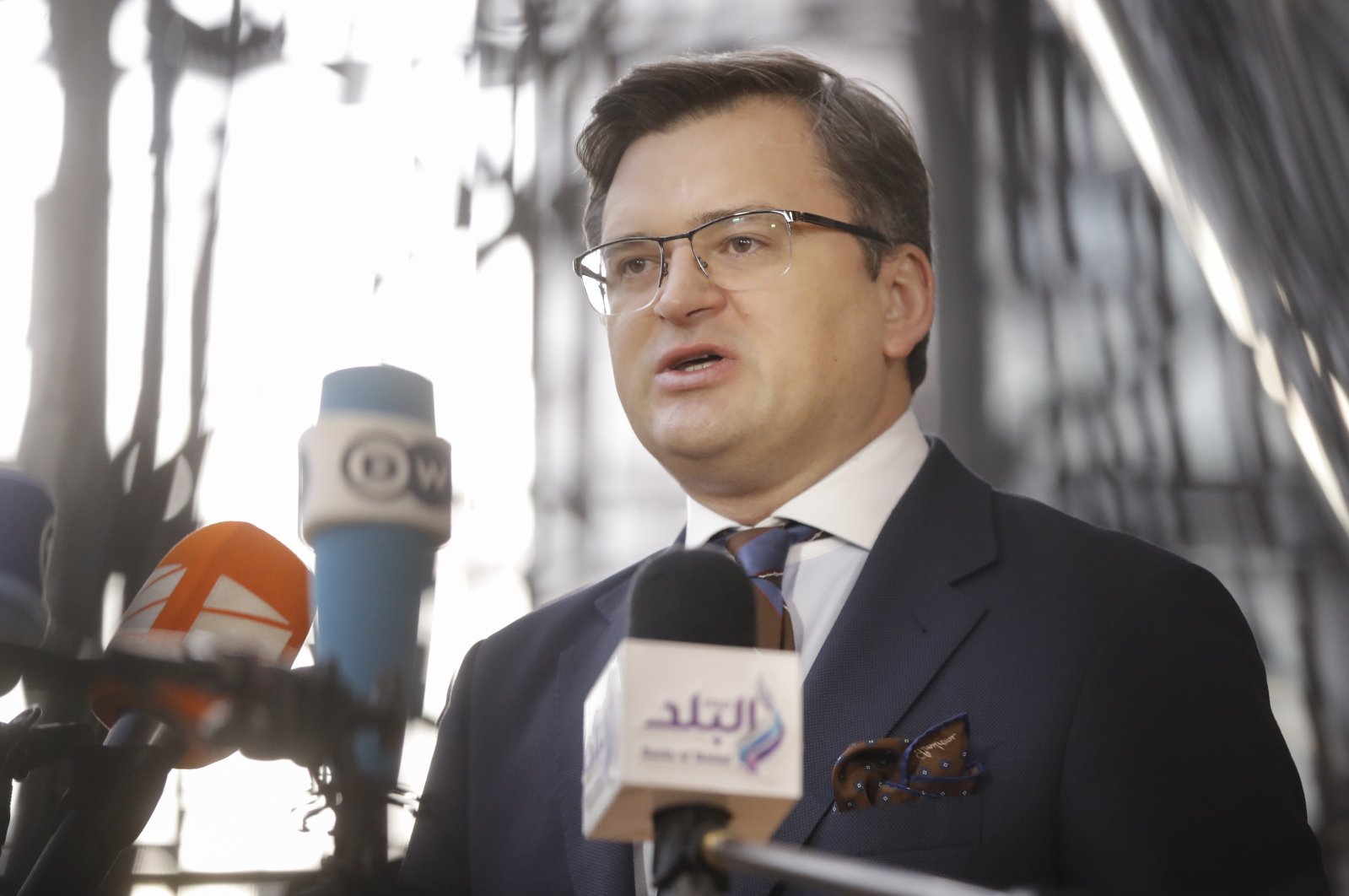 Ukrainian Foreign Minister Dmytro Kuleba speaks to the press as he arrives for the EU Foreign Affairs Council meeting in Brussels, Belgium, Feb. 21, 2022. (EPA Photo)