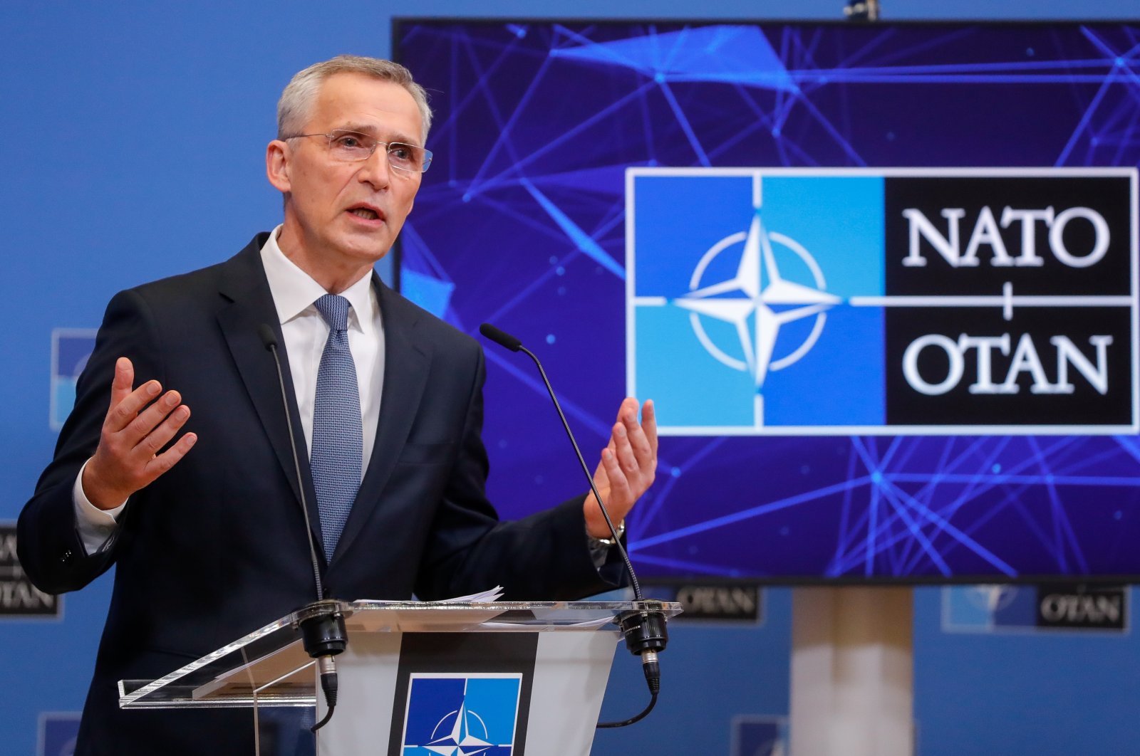 NATO Secretary-General Jens Stoltenberg gives a press conference at the end of an extraordinary virtual summit of NATO heads of state and government on the security situation in and around Ukraine, at the NATO headquarters in Brussels, Belgium, Feb. 25, 2022. (EPA Photo)