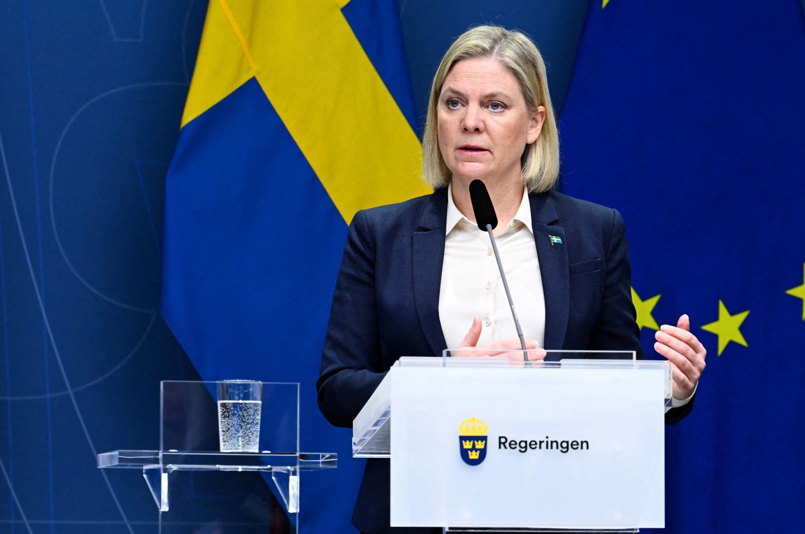 Swedish Prime Minister Magdalena Andersson conducts a press conference on the security situation in Europe, at Rosenbad in Stockholm, Sweden, Feb. 27, 2022. (AFP Photo)
