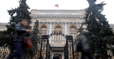 People walk past the central bank headquarters in Moscow, Russia, Feb. 11, 2019. (Reuters Photo)