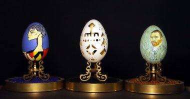 Zeynel Abidin Öztürk&#039;s artworks are seen. The 40-year-old visual arts teacher transforms goose eggs into art, Bayburt, northeastern Turkey, Feb. 28, 2022. (AA Photo)