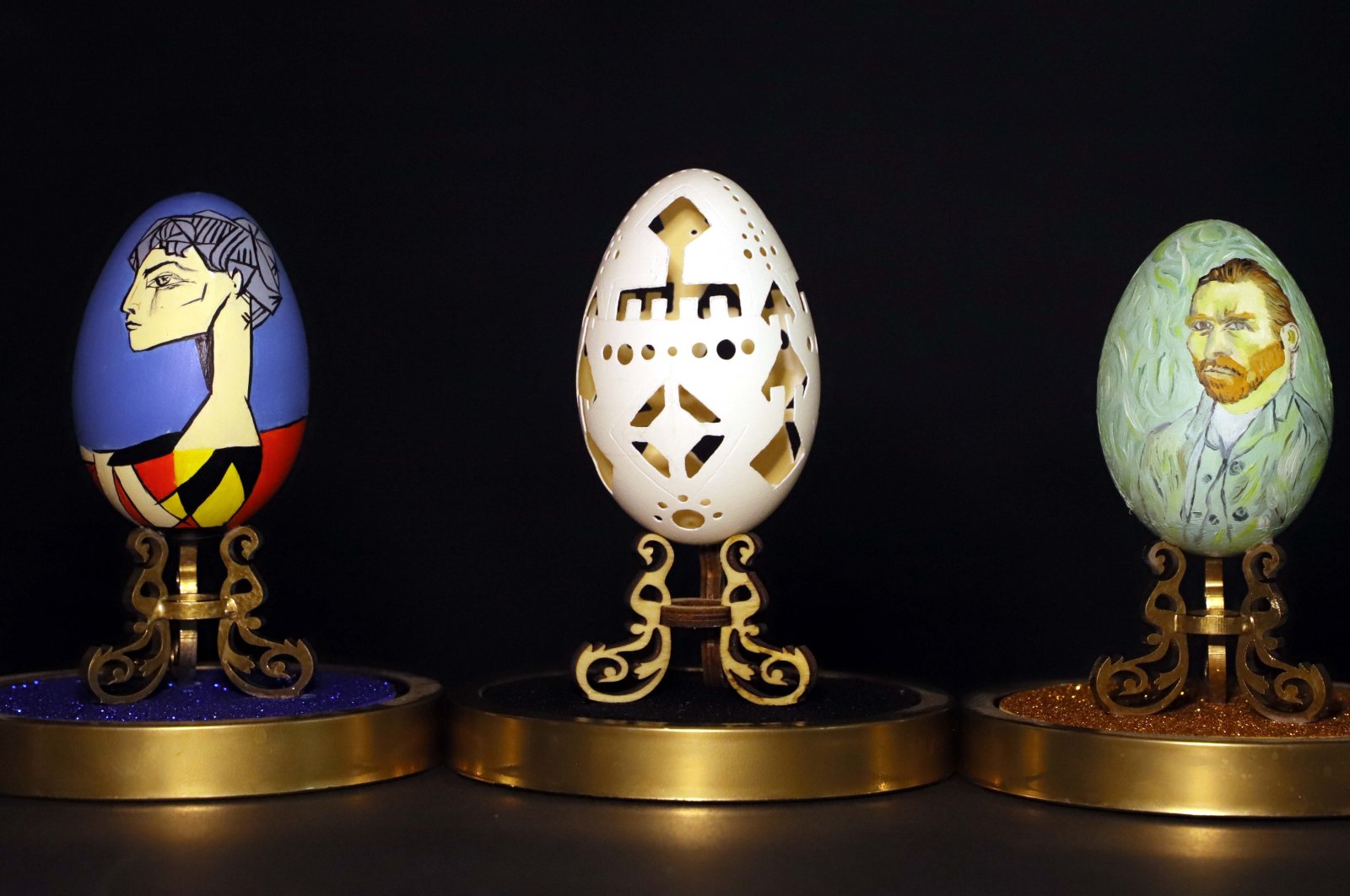 Zeynel Abidin Öztürk&#039;s artworks are seen. The 40-year-old visual arts teacher transforms goose eggs into art, Bayburt, northeastern Turkey, Feb. 28, 2022. (AA Photo)