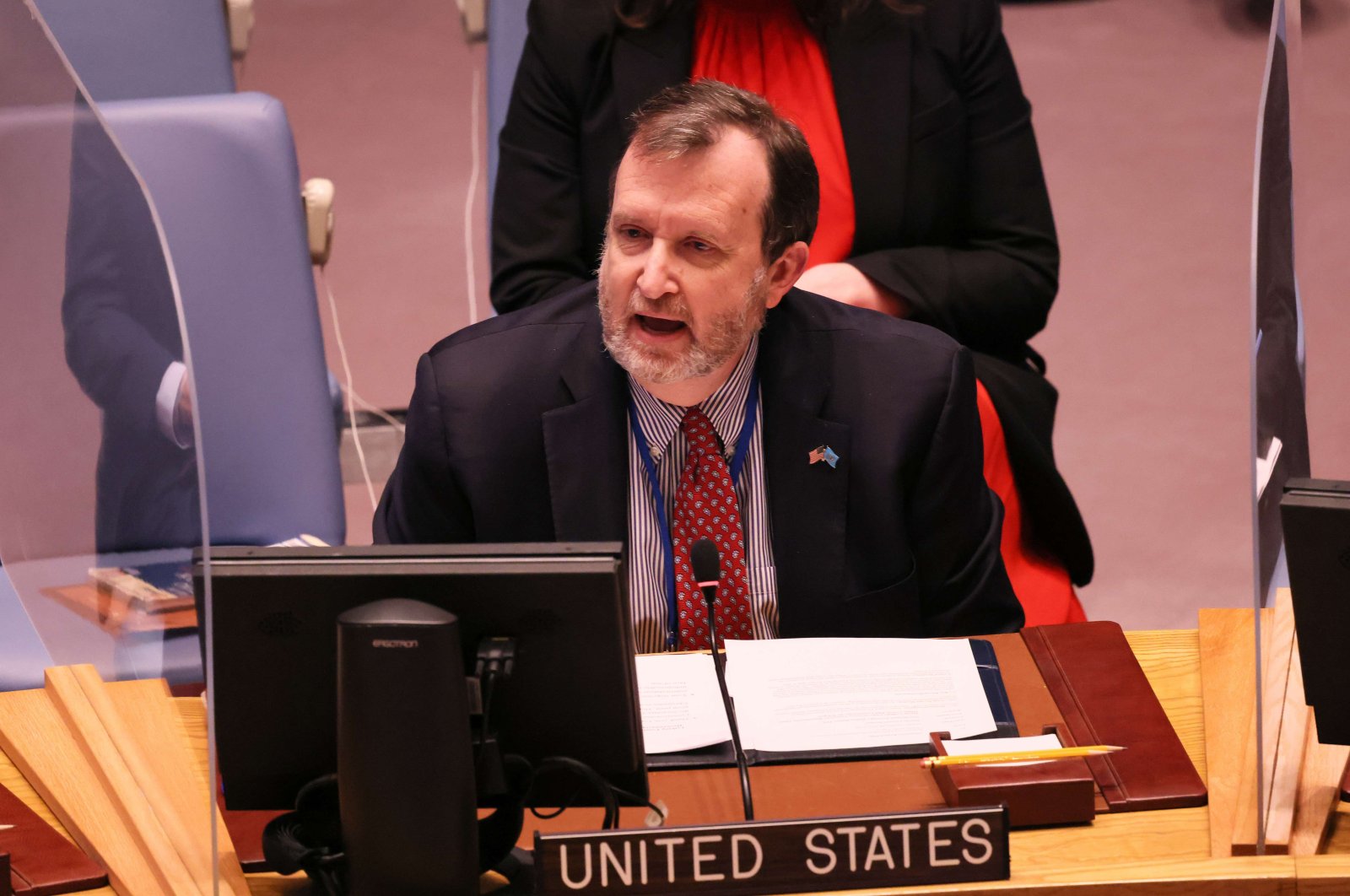 Richard M. Mills, Deputy Representative of the United States of America to the United Nations, speaks during a Security Council meeting to address the invasion of Ukraine at the United Nations headquarters on on February 28, 2022 in New York City. (AFP Photo)
