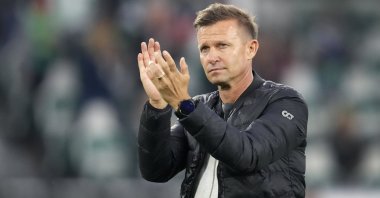 Then-Leipzig manager Jesse Marsch after a German Bundesliga match against VfL Wolfsburg, Wolfsburg, Germany, Aug. 29, 2021. (AP Photo)