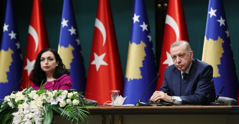 President Recep Tayyip Erdoğan and Kosovo President Vjosa Osmani speak at a joint news conference in the capital Ankara, Turkey, March 1, 2022. (AA Photo)