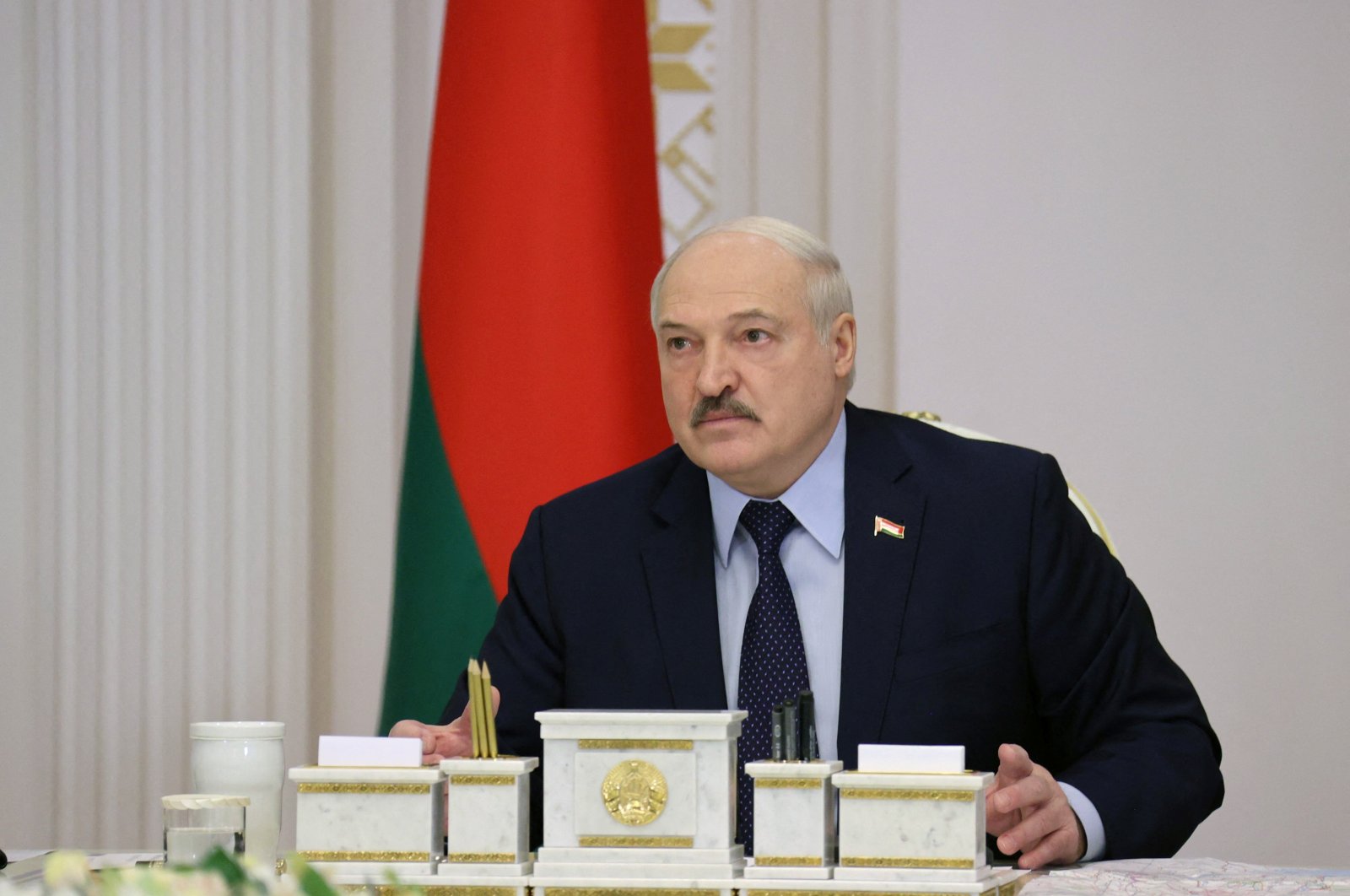 Belarusian President Alexander Lukashenko chairs a meeting with military officials in Minsk, Belarus, Feb. 24, 2022. (Reuters Photo)