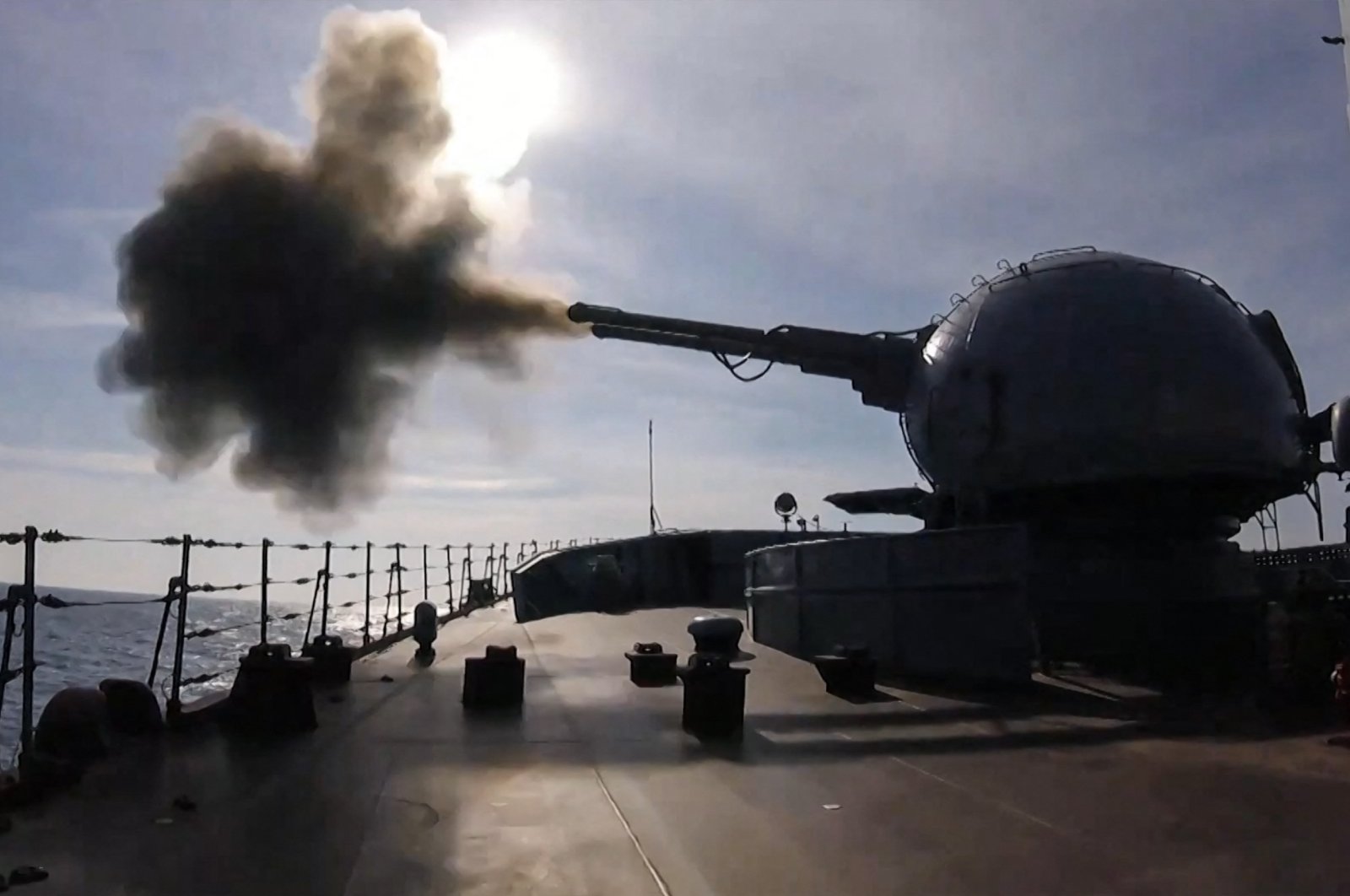 A &quot;Moskva&quot; Russian cruiser is seen during Black Sea naval exercises outside the Crimean port of Sevastopol in this handout video grab taken and released by the Russian Defense Ministry on Feb. 18, 2022. (Russian Defense Ministry via AFP)