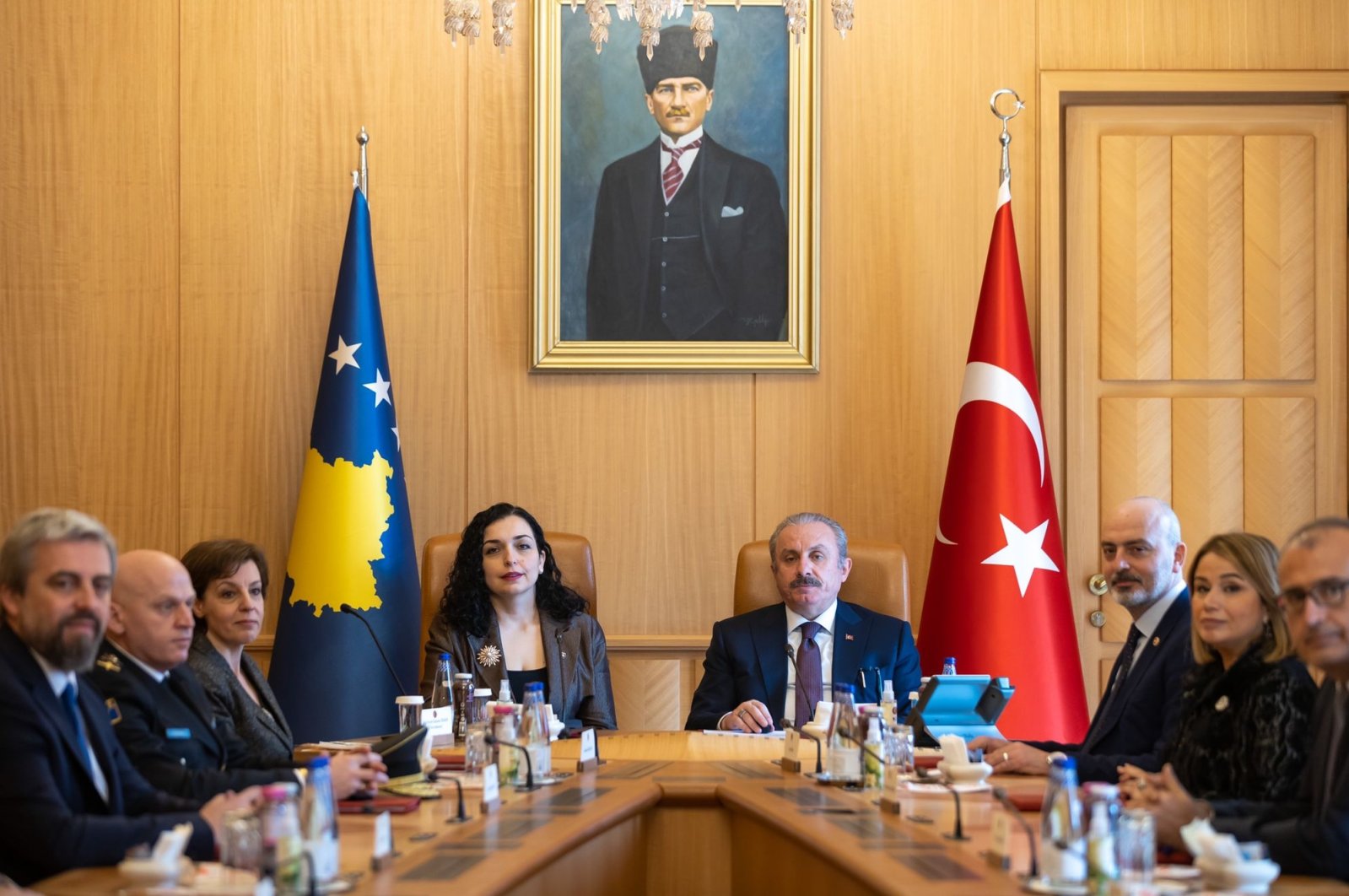 Kosovo&#039;s President Vjosa Osmani-Sadriu (C-L) and Parliament Speaker Mustafa Şentop attend a meeting in the capital Ankara, Turkey, March 1, 2022. (DHA PHOTO)