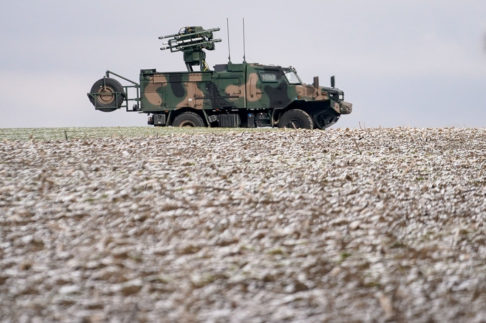 A POPRAD Close Air Defense Vehicle is seen parked in a farm field near the border of Ukraine, in southeast Poland, Feb. 28, 2022. (Reuters Photo)