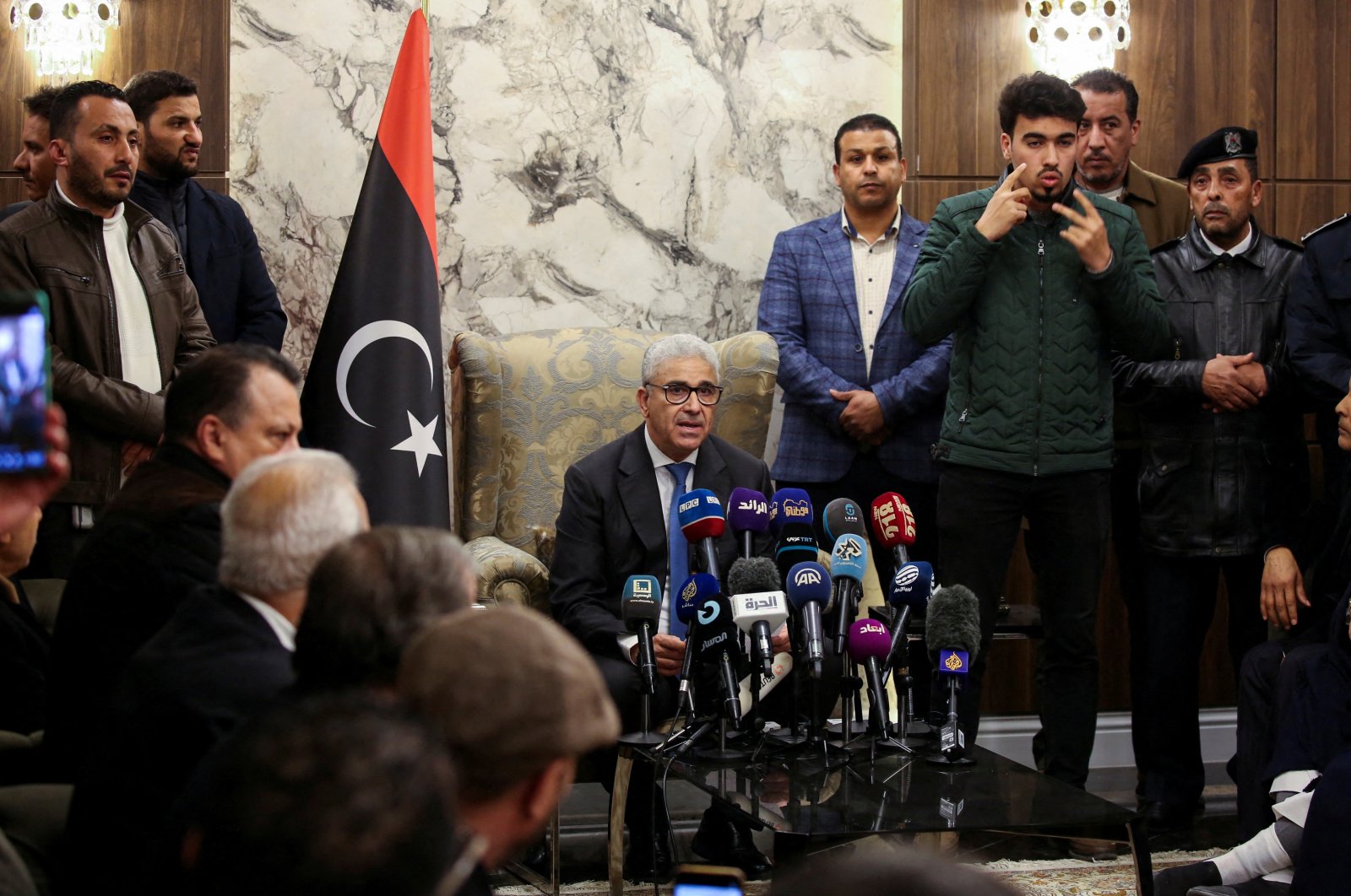 Fathi Bashagha, designated as prime minister by parliament, delivers a speech at Mitiga International Airport, in Tripoli, Libya, Feb. 10, 2022. (Reuters Photo)