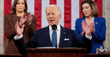 U.S. Vice President Kamala Harris (L) and U.S. House Speaker Nancy Pelosi applaud U.S. President Joe Biden (C) as he delivers his first State of the Union address at the US Capitol in Washington, D.C., U.S. on March 1, 2022. (AFP Photo)