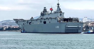 The multipurpose amphibious assault ship TCG Anadolu is seen docked at Sedef Shipyard, Tuzla, Istanbul, Turkey, in this undated photo. (Photo: @varank)
