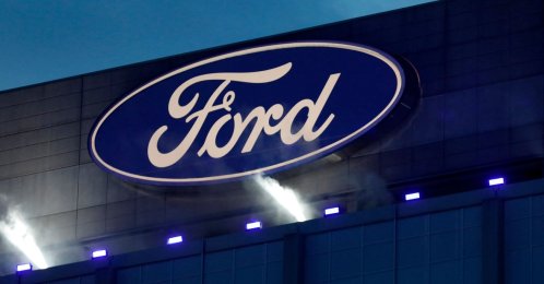Ford's logo on the side of the building at the unveiling of their new electric F-150 Lightning outside of their headquarters in Dearborn, Michigan, U.S., May 19, 2021. (AFP Photo)