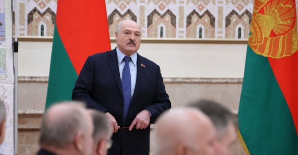 Belarusian President Alexander Lukashenko attends a meeting with members of the Council of Ministers and Security Council in Minsk, Belarus March 1, 2022. (Nikolai Petrov via Belta, Reuters)