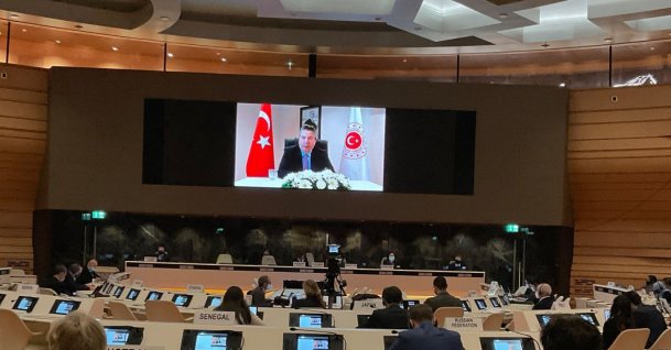 Deputy FM Sedat Önal addresses the Conference on Disarmament (CD) meeting via videoconference, Wednesday, March 2, 2022. (AA Photo)