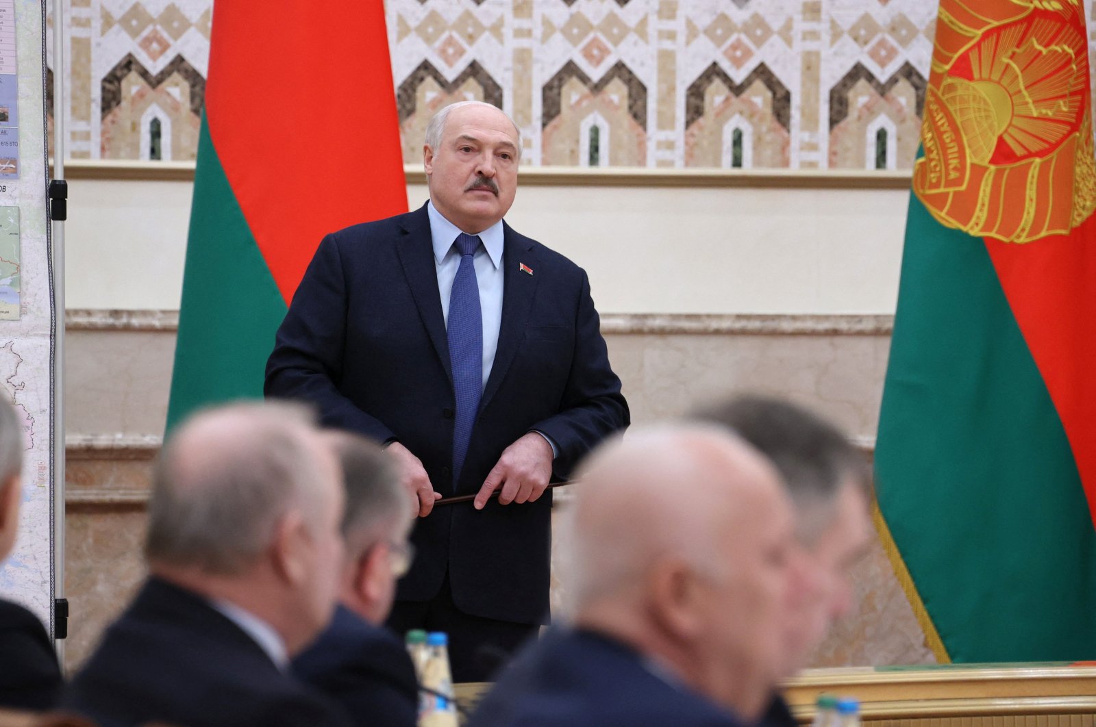 Belarusian President Alexander Lukashenko attends a meeting with members of the Council of Ministers and Security Council in Minsk, Belarus March 1, 2022. (Nikolai Petrov via Belta, Reuters)